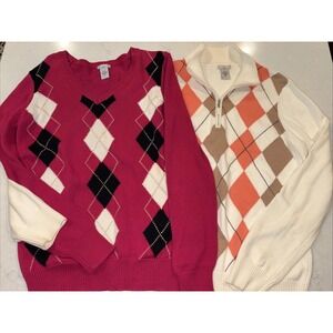 2 Izod‎ Golf Sweater Womens M Pink Beige Argyle V-Neck 1/4 Zip Classic Preppy